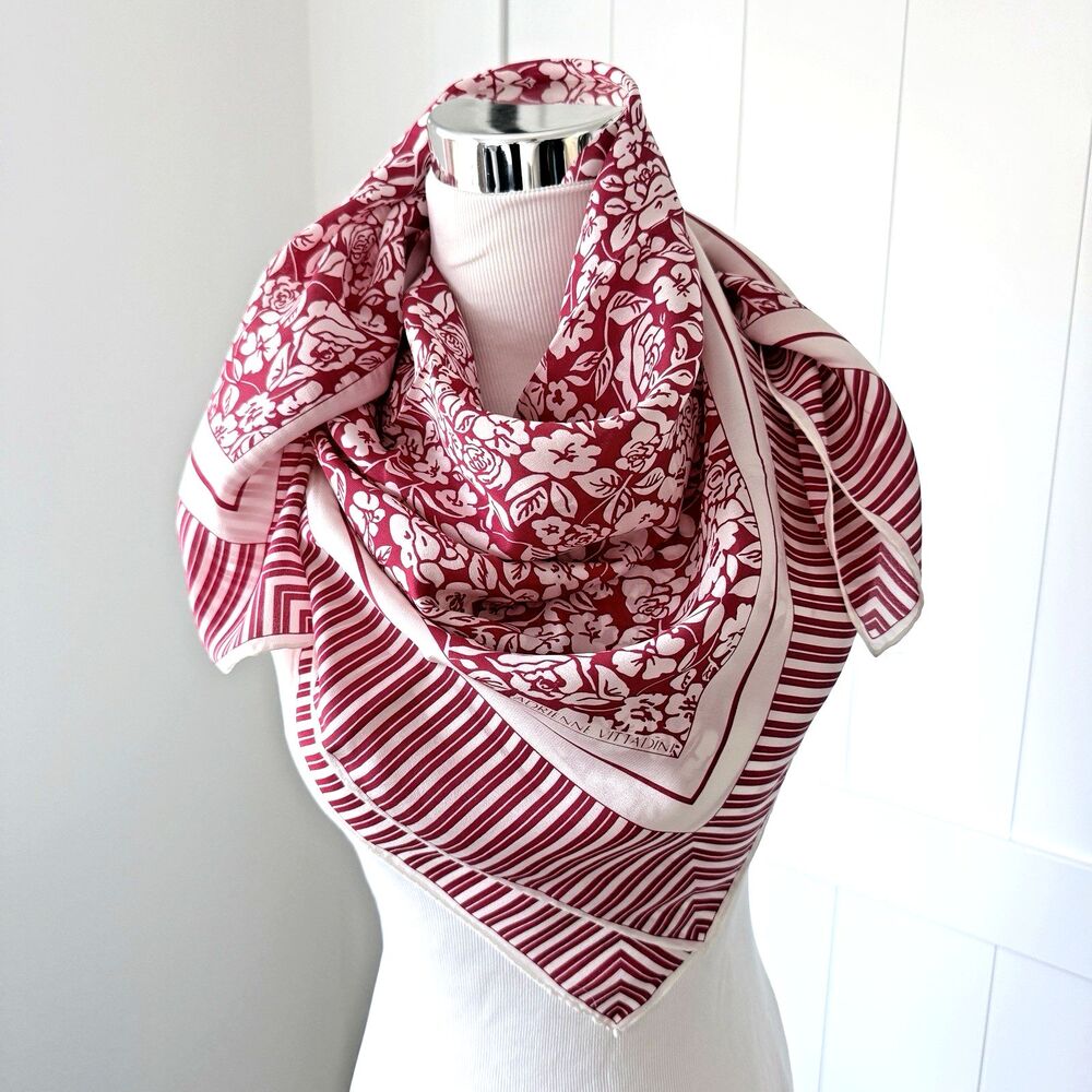 Vintage Adrienne Vittadini 100% Silk Scarf Red White Floral Stripe 34” Hand Roll